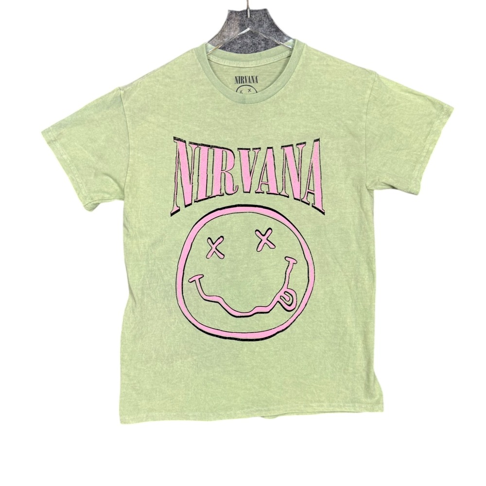 Nirvana‎ Band Tee Mens Medium Green Pink Smiley Face T-Shirt Short Sleeve Grunge